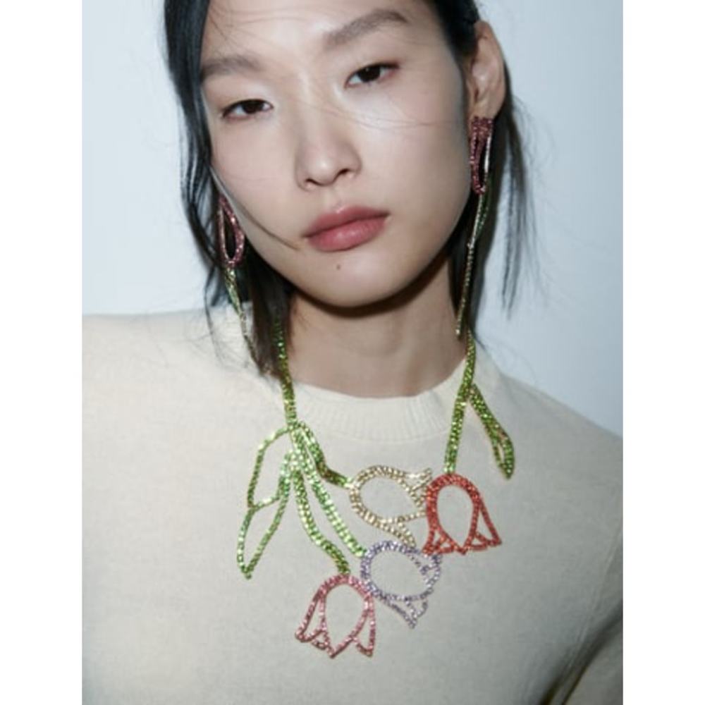 Zara Multicolor Crystal Floral Statement Necklace in Green, Pink, Purple, Orange
